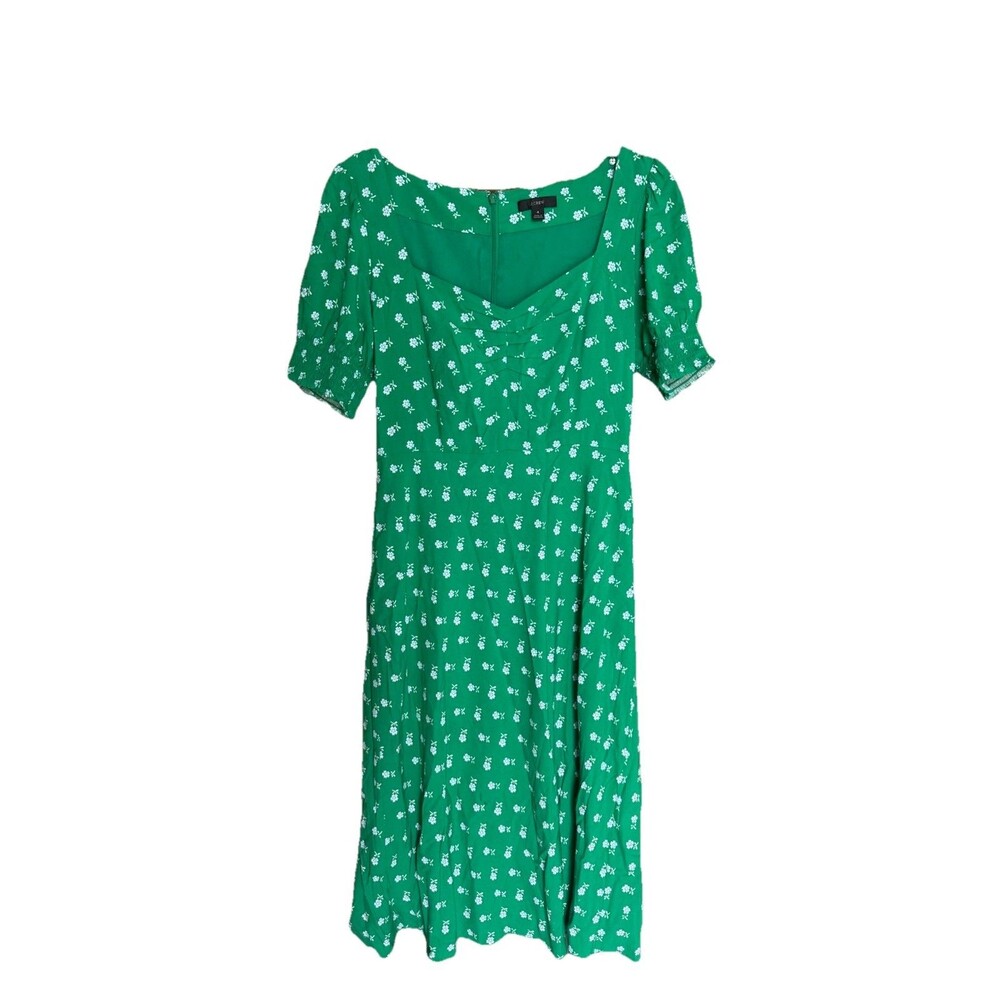 J Crew Puff Sleeve Midi Dress Bandana Flowers Print Womens Size 4 Green White